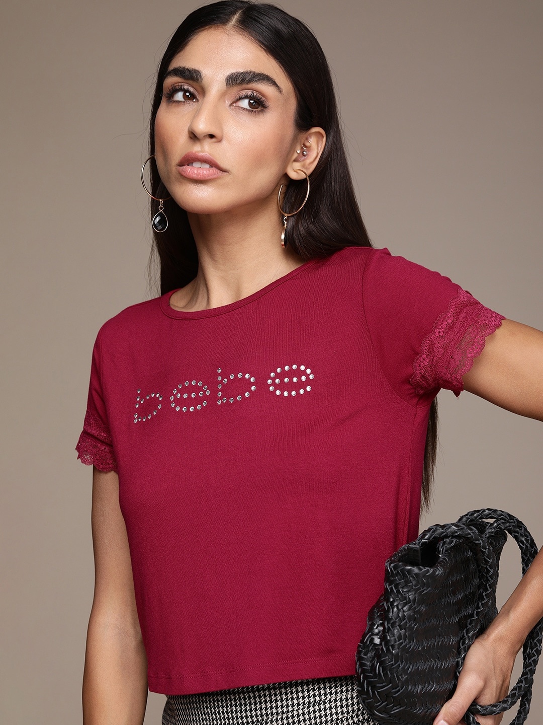 

bebe Women Red Brand Logo Embellished T-shirt