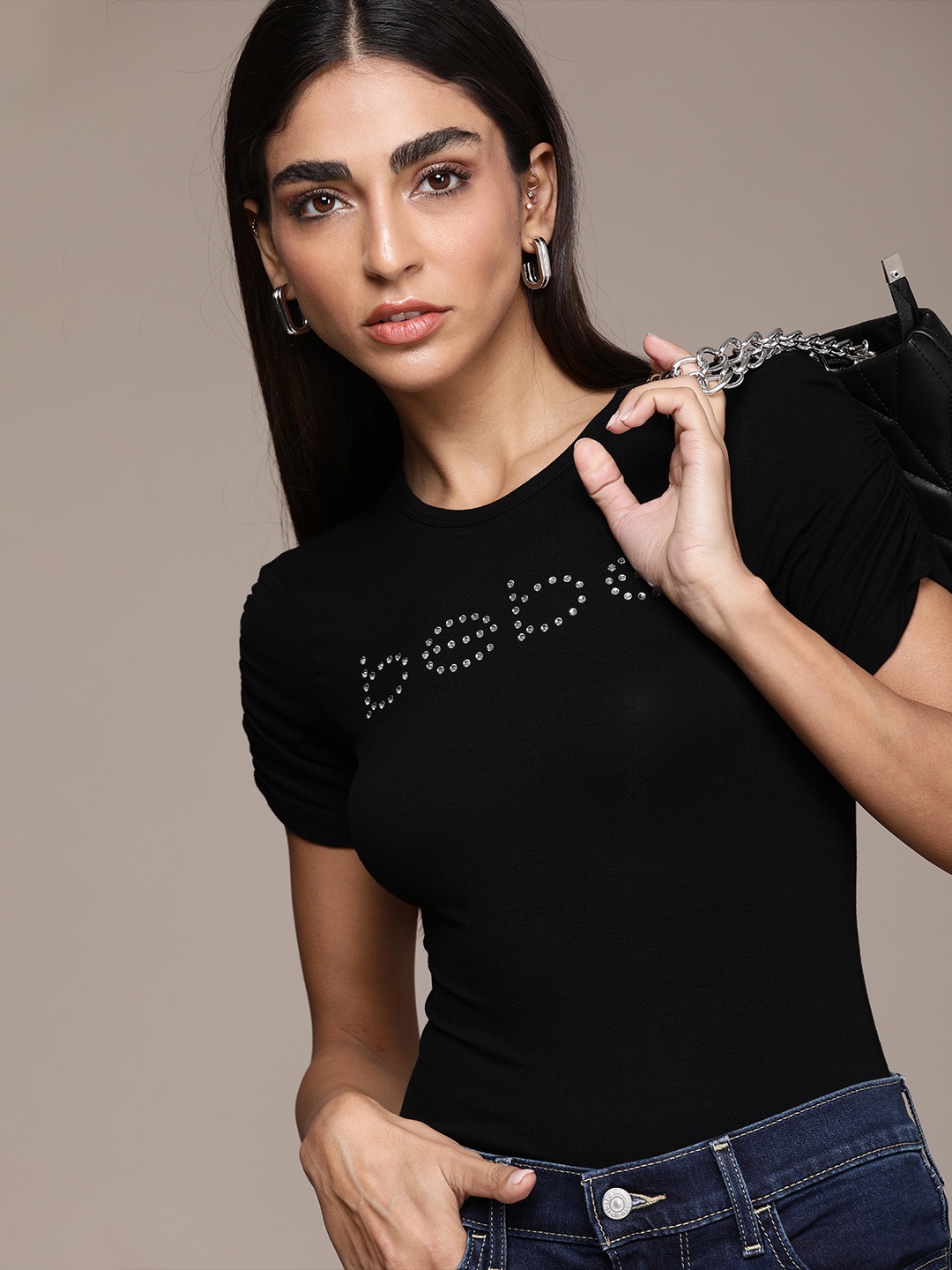 

bebe Women Black Essential Solid Beads & Stones Detailing Slim Fit Casual T-shirt