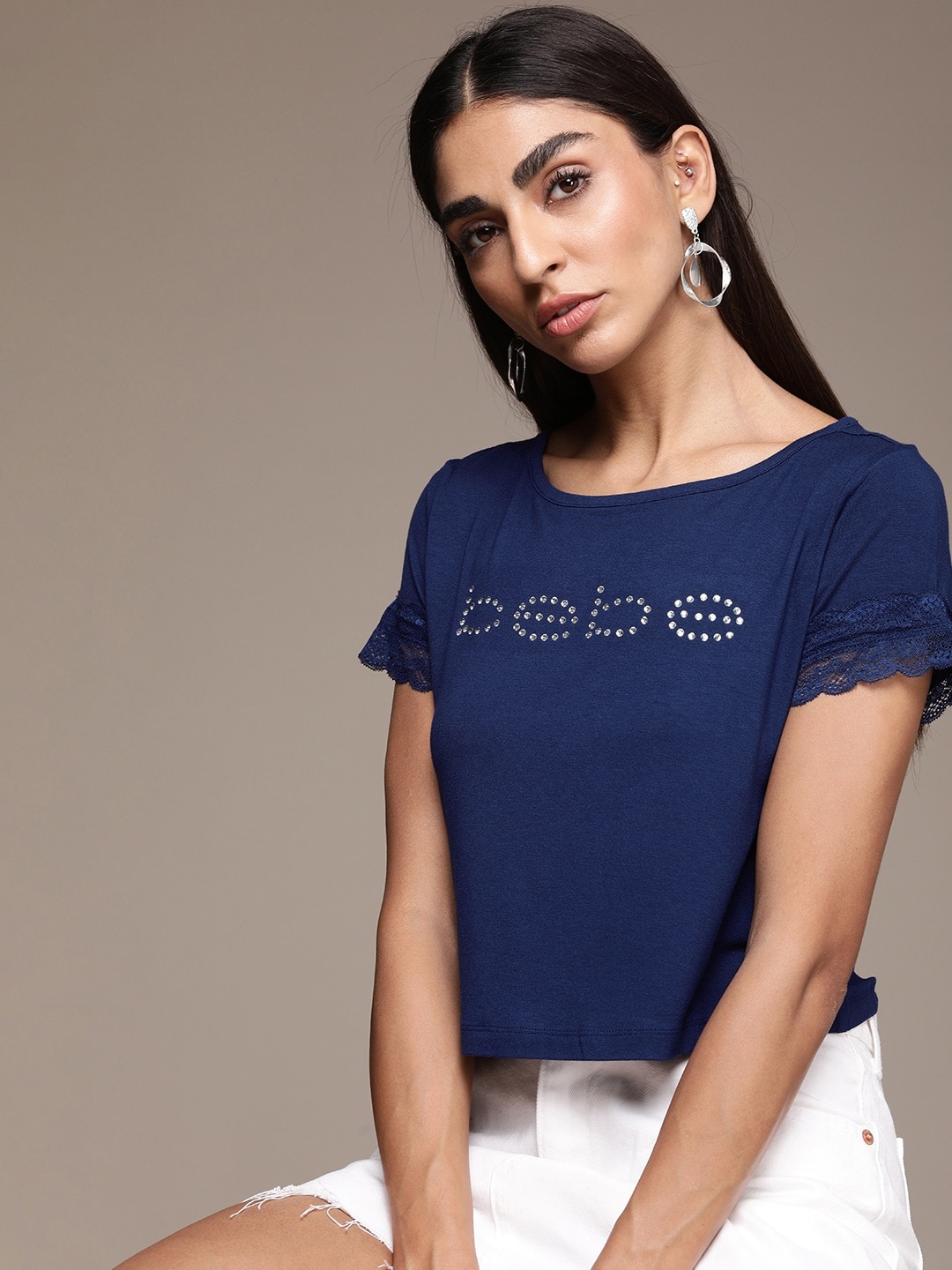 

bebe Women Navy Blue Brand Logo Embellished T-shirt