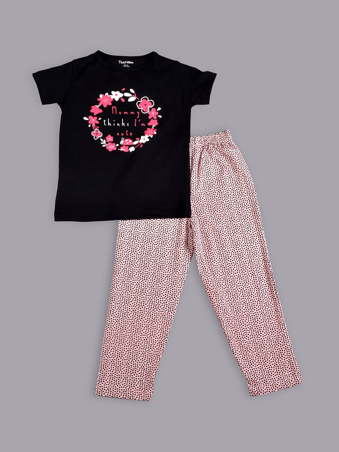 

Taatoom Girls Black & Pink Printed Pure Cotton Night suit