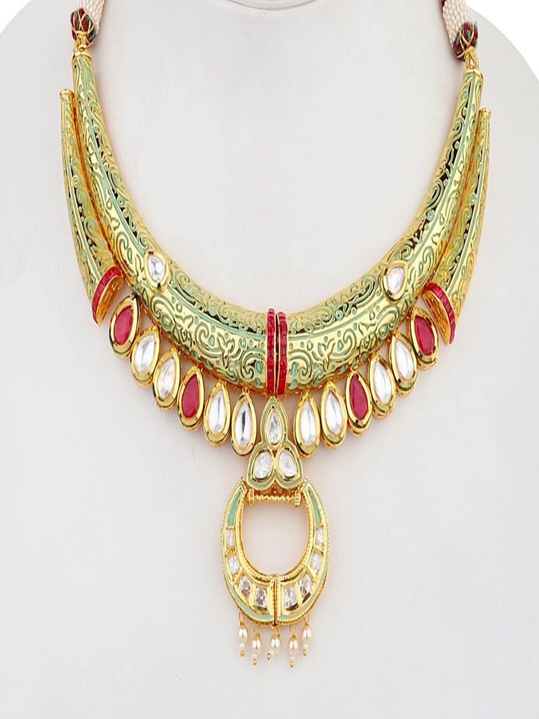 

Runjhun Gold-Plated Green & Red Kundan-Studded & Beaded Jewellery Set