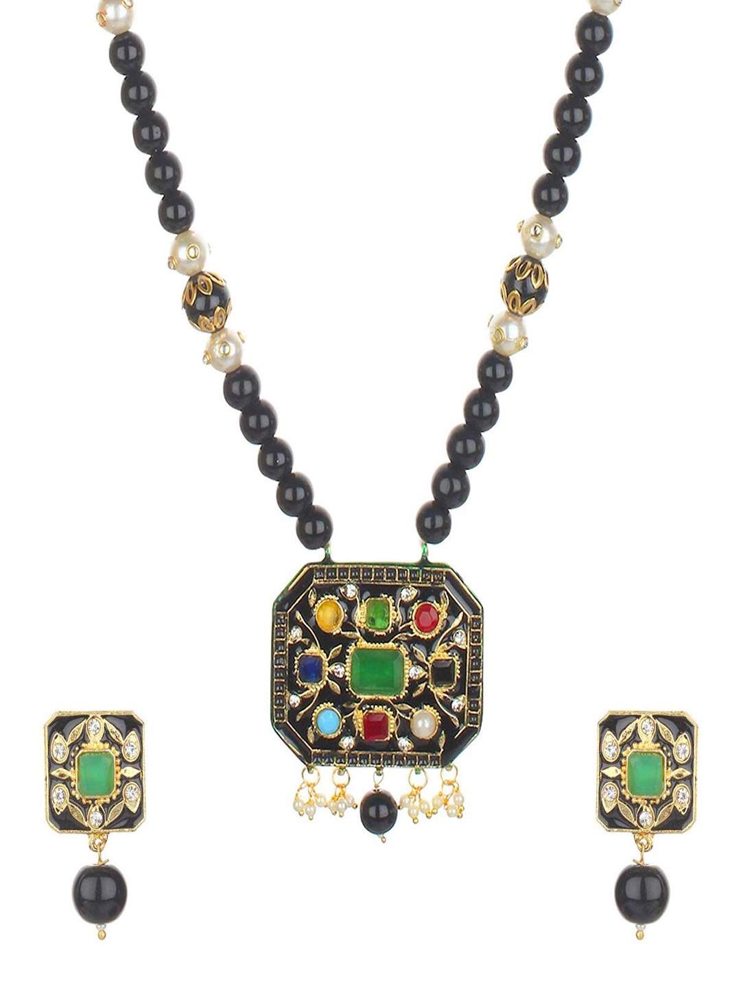 

Runjhun Gold-Plated Black & Green Kundan-Studded Long Jewellery Set