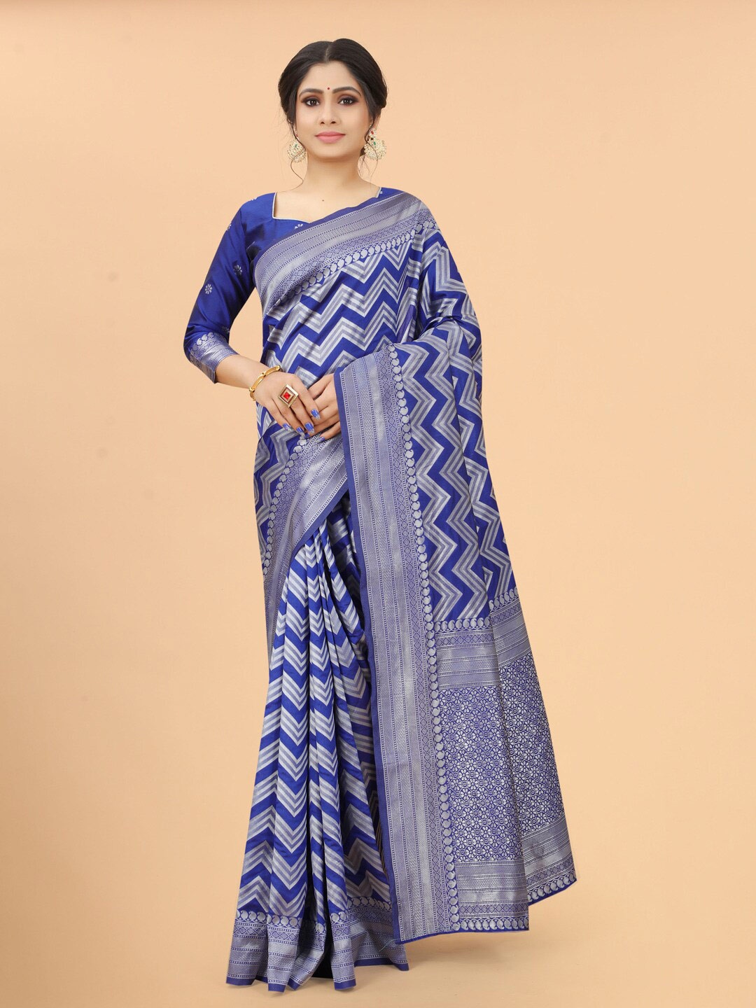 

INDI AVTAAR Blue & Silver-Toned Woven Design Zari Silk Cotton Fusion Banarasi Saree