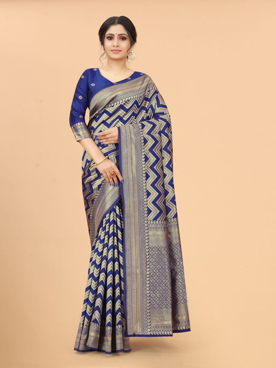 

INDI AVTAAR Blue & Gold-Toned Woven Design Zari Silk Cotton Fusion Banarasi Saree