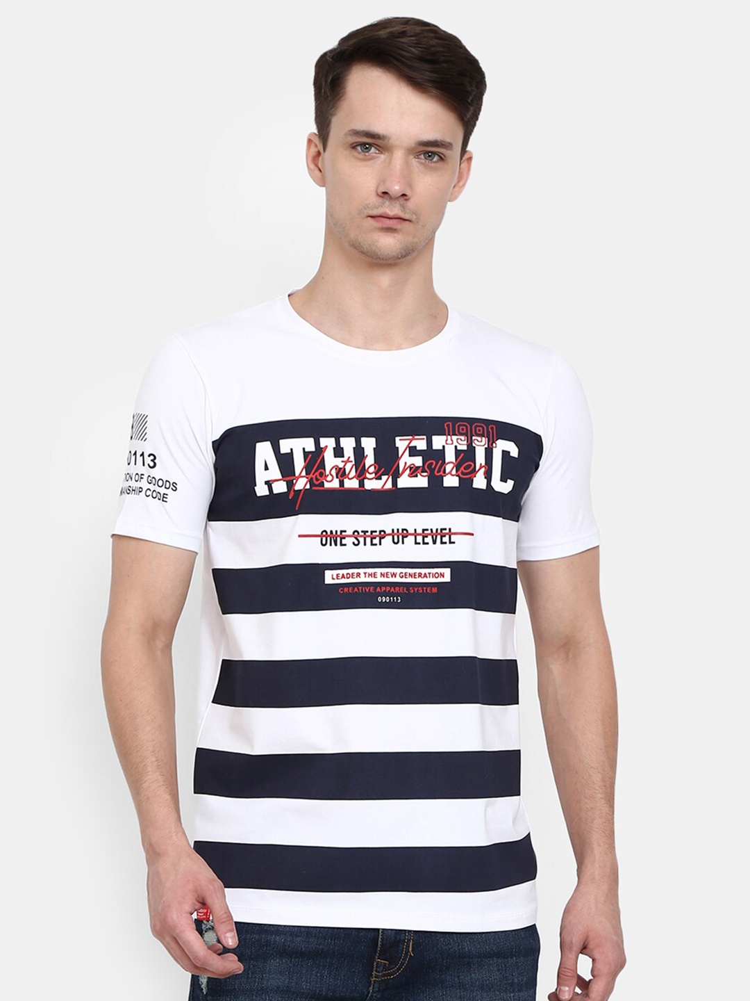 

V-Mart Men White Striped Applique T-shirt