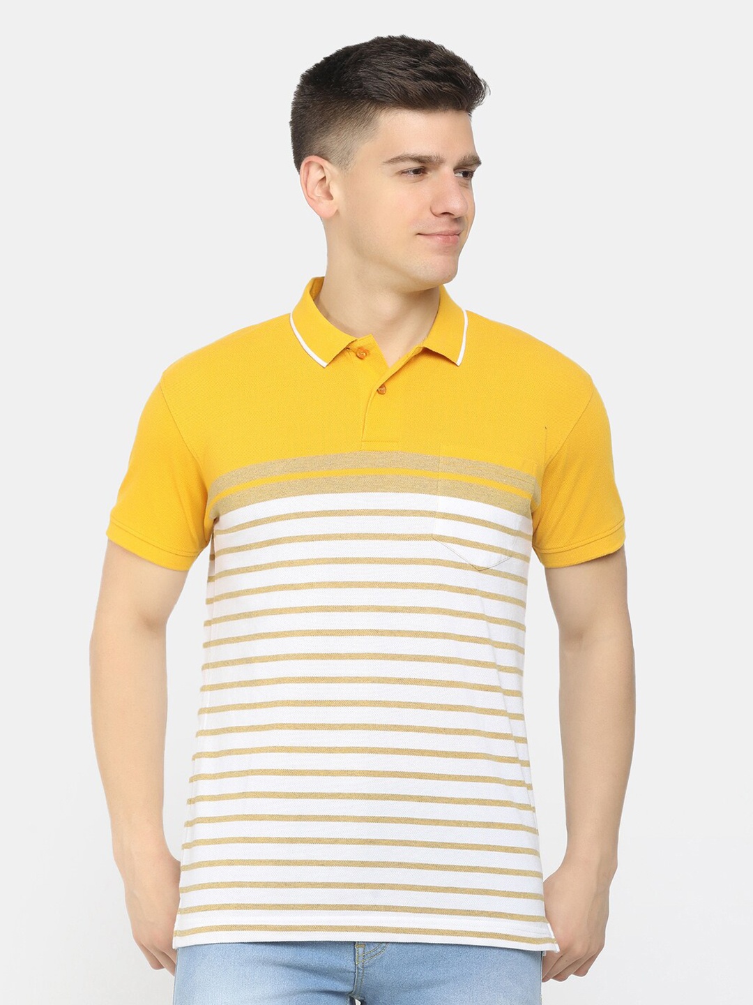 

V-Mart Men Mustard Yellow Striped Polo Collar T-shirt