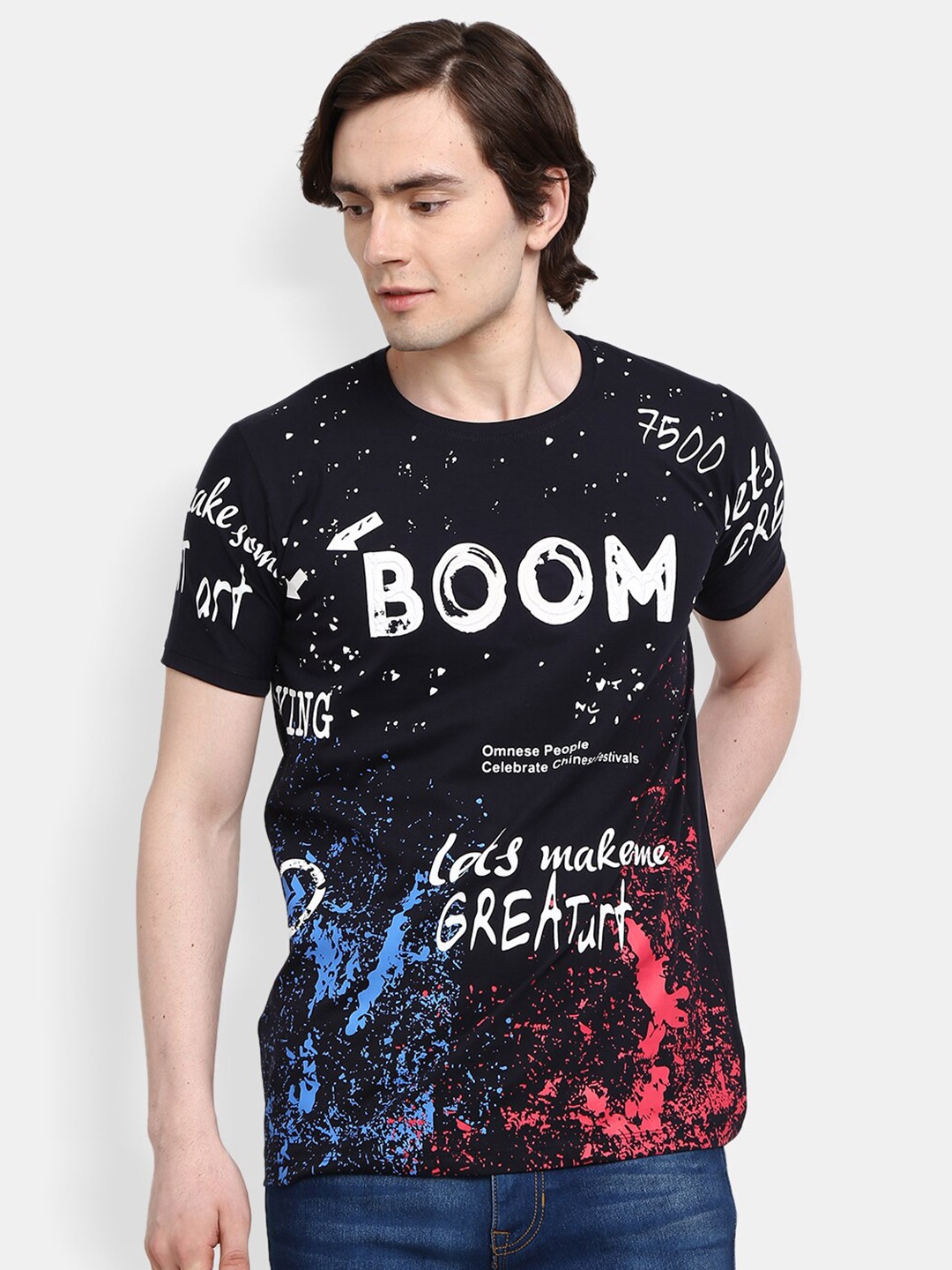 

V-Mart Men Navy Blue Typography Printed Raw Edge T-shirt