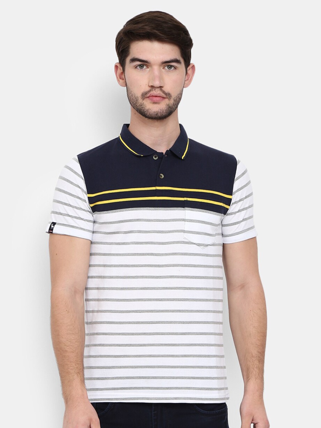 

V-Mart Men White Striped Polo Collar T-shirt