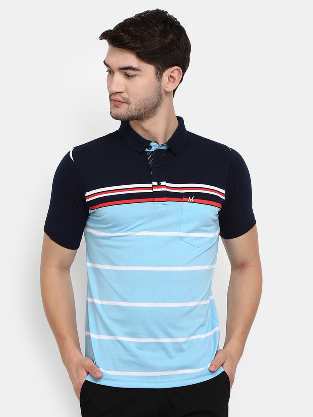 

V-Mart Men Navy Blue Striped Polo Collar T-shirt