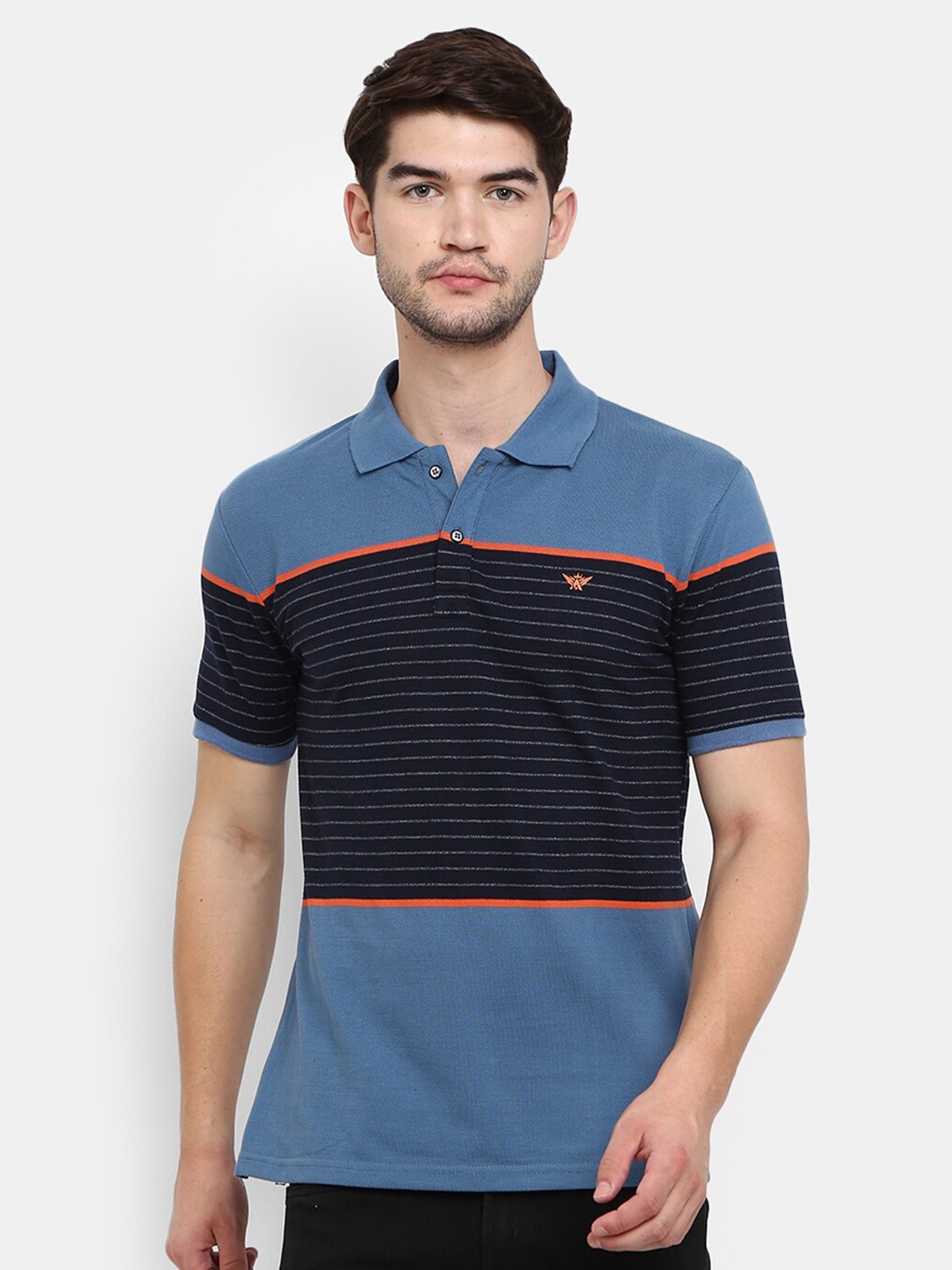 

V-Mart Men Blue Striped Polo Collar T-shirt
