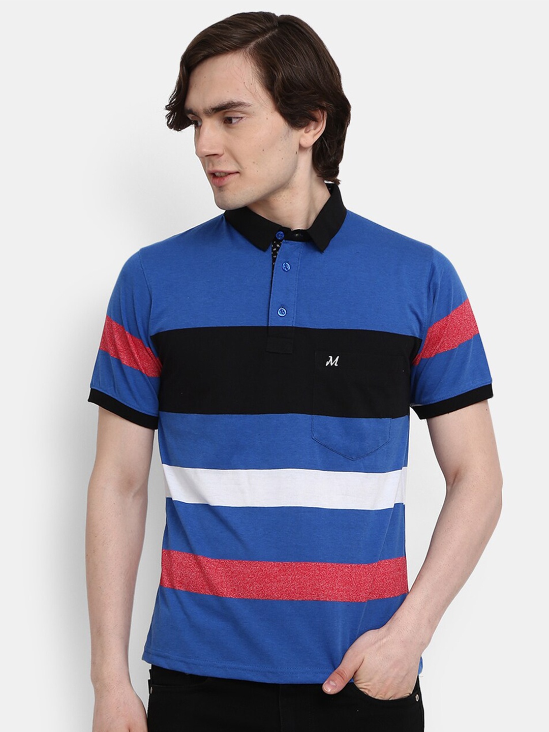 

V-Mart Men Blue Striped Polo Collar T-shirt