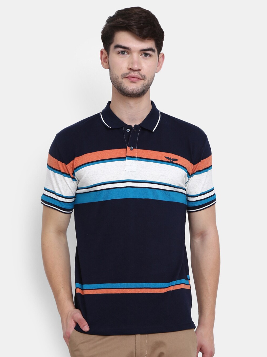 

V-Mart Men Navy Blue Striped Polo Collar T-shirt