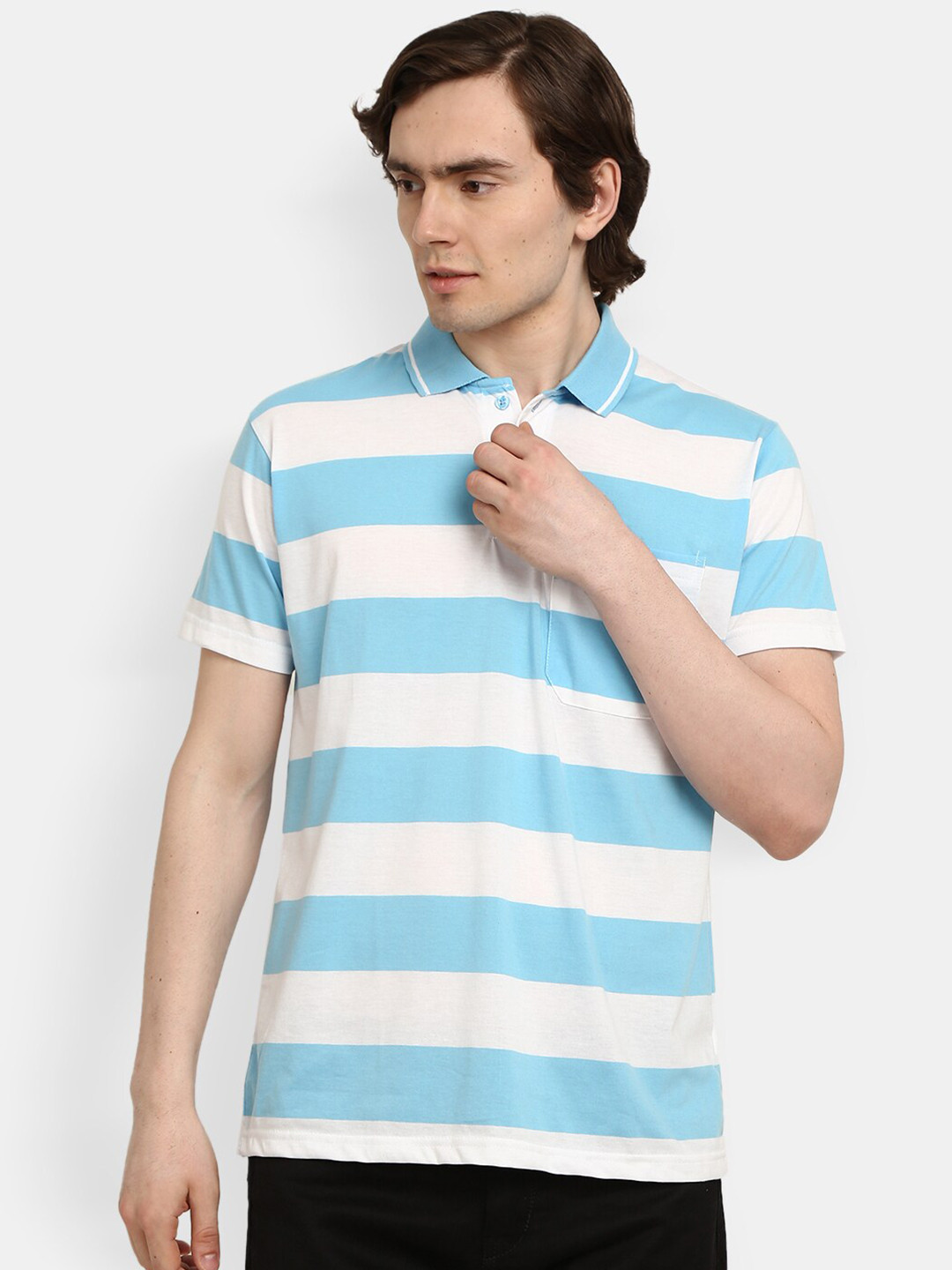 

V-Mart Men Blue Striped Polo Collar T-shirt