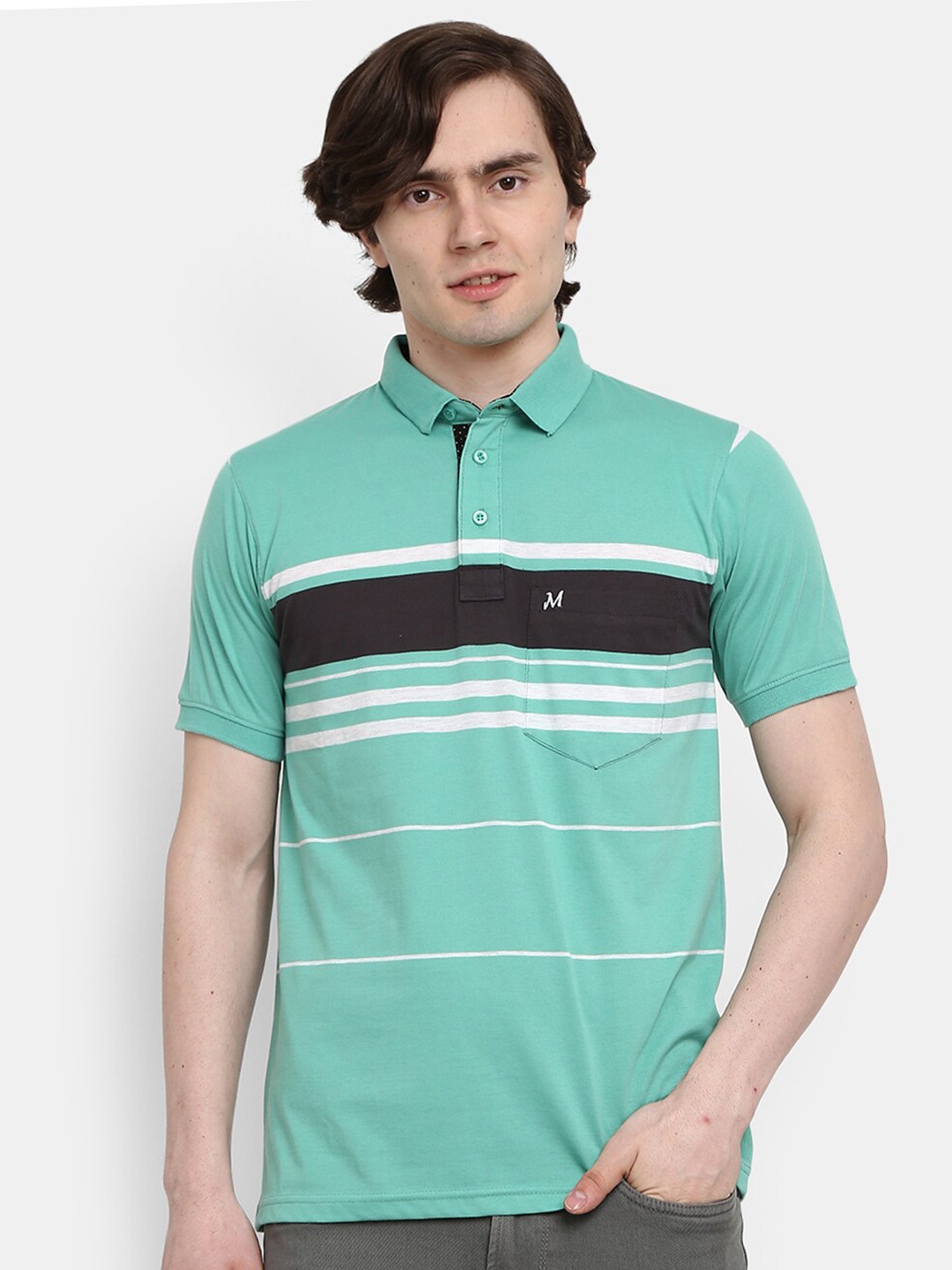 

V-Mart Men Green Striped Polo Collar T-shirt