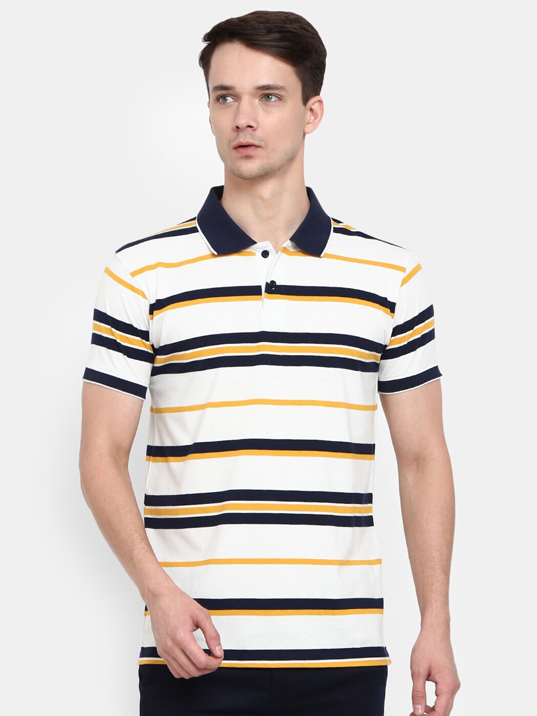 

V-Mart Men White Striped Polo Collar T-shirt