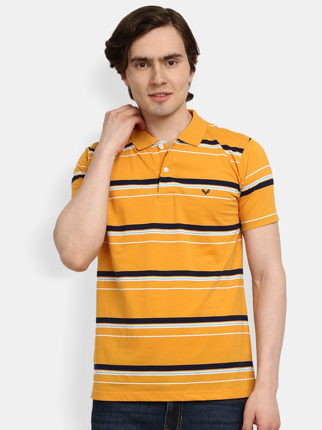 

V-Mart Men Mustard Yellow Striped Polo Collar Slim Fit T-shirt