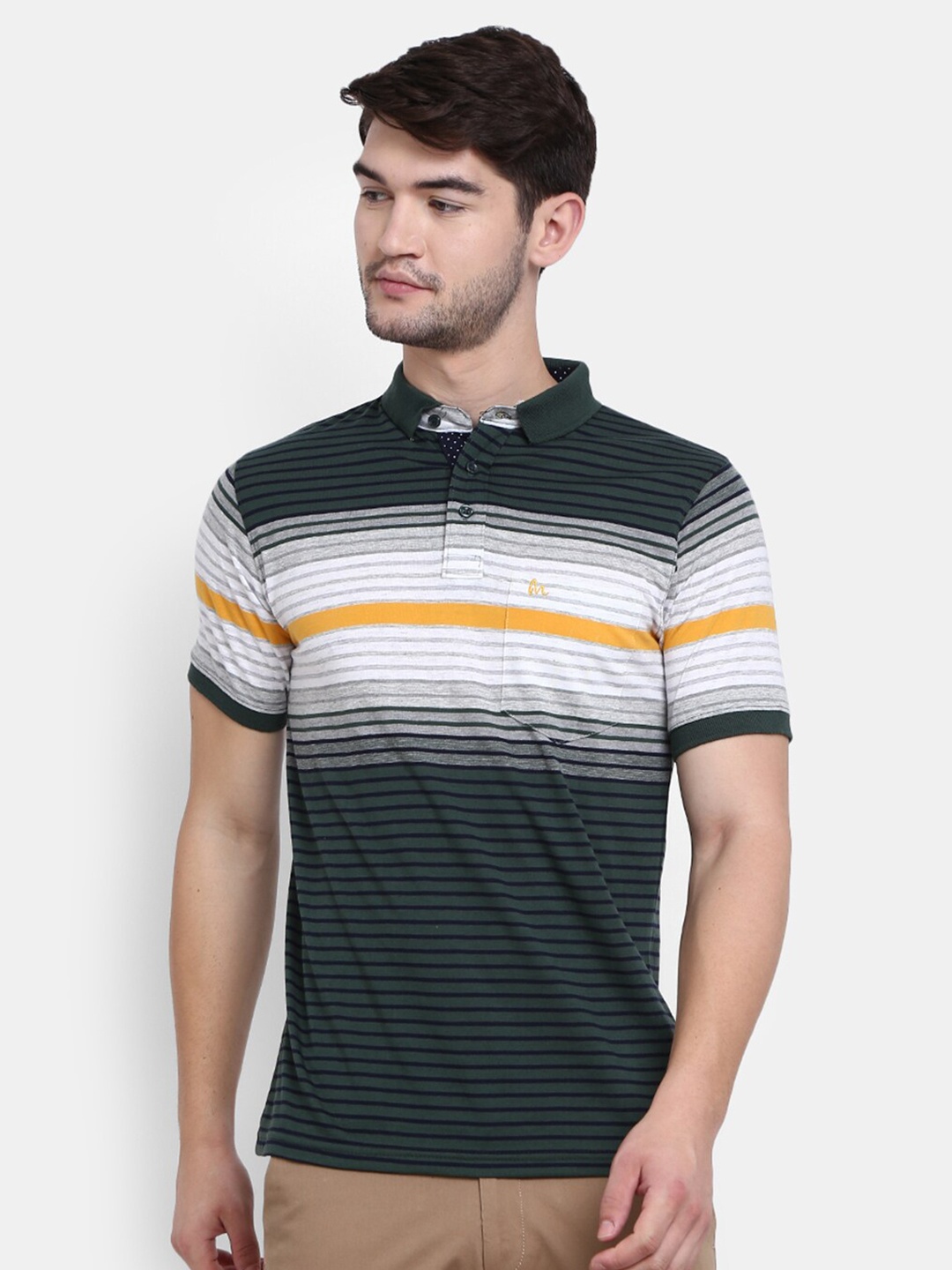 

V-Mart Men Green Striped Polo Collar T-shirt
