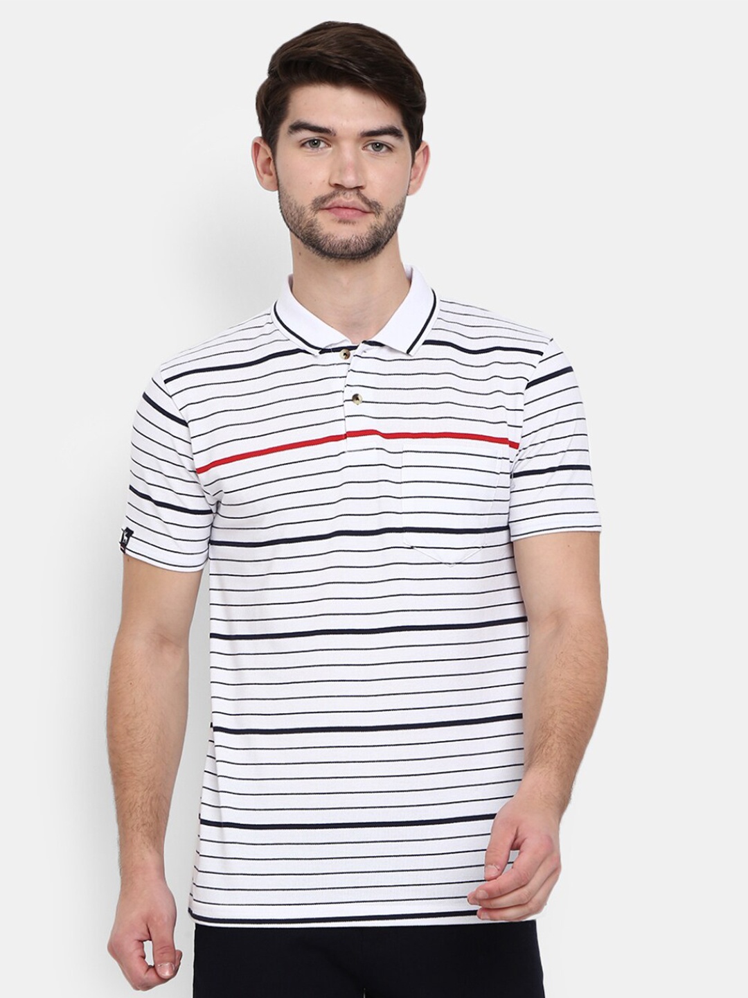 

V-Mart Men White Striped Polo Collar T-shirt
