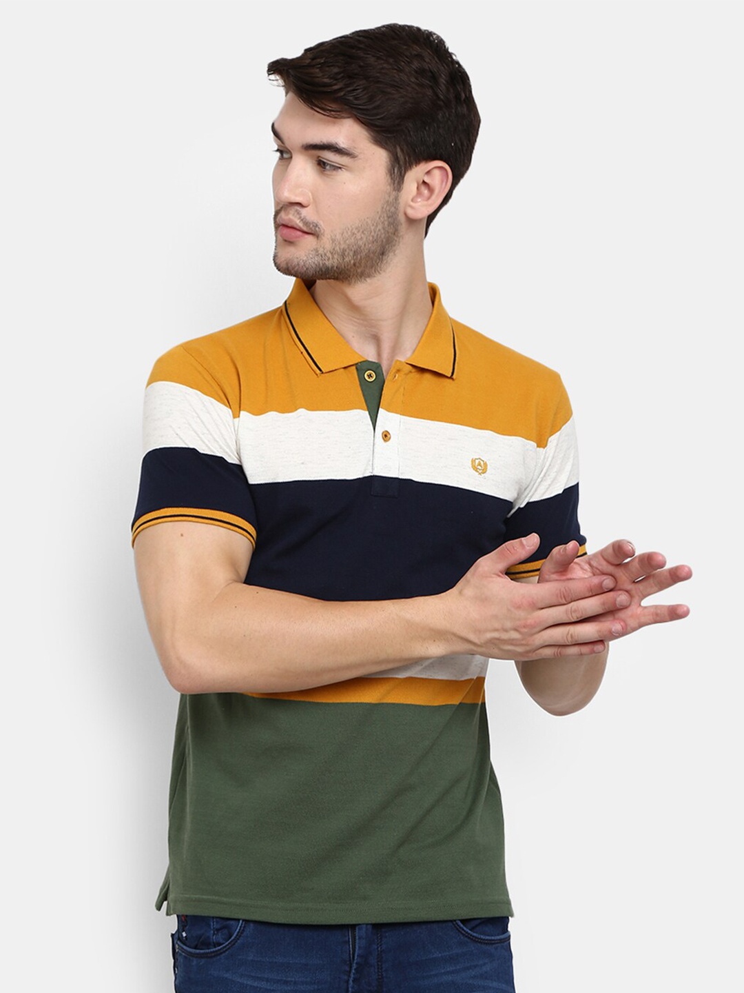 

V-Mart Men Navy Blue Striped Polo Collar T-shirt