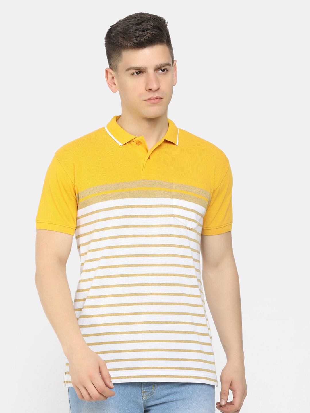 

V-Mart Men Mustard Yellow Striped Polo Collar T-shirt