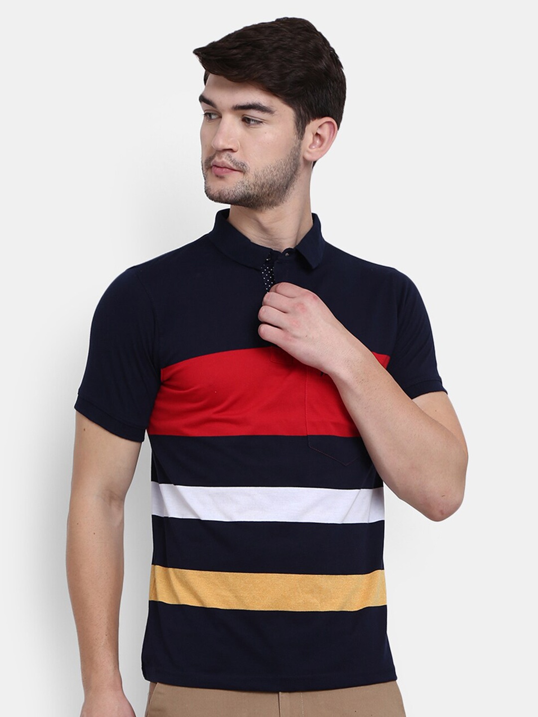 

V-Mart Men Navy Blue Striped Mandarin Collar T-shirt