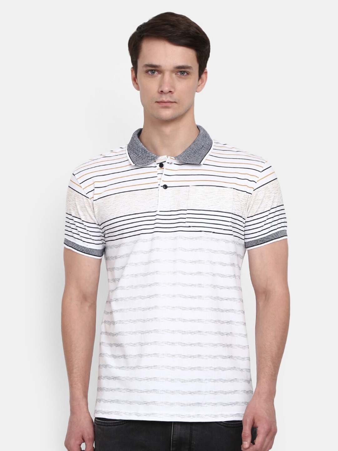 

V-Mart Men Mustard Yellow Striped Polo Collar T-shirt