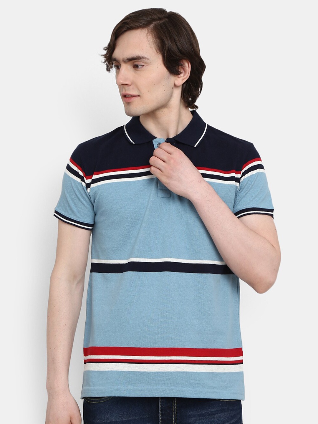 

V-Mart Men Blue Striped Polo Collar T-shirt