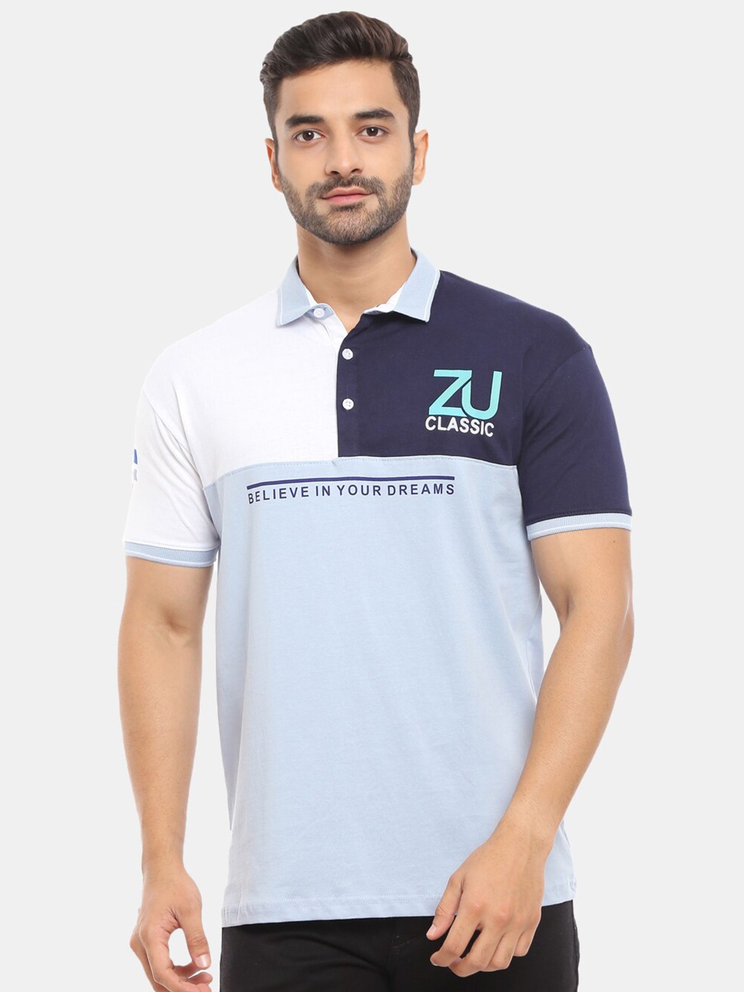 

V-Mart Men Blue Typography Polo Collar Applique T-shirt