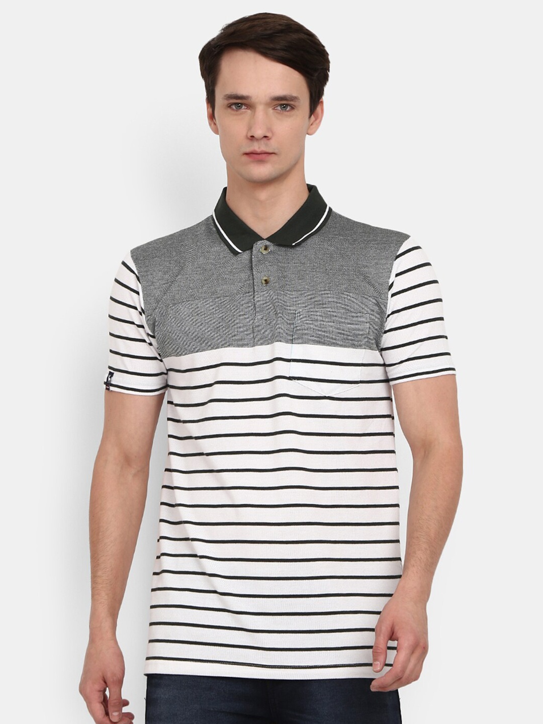 

V-Mart Men White Striped Polo Collar T-shirt