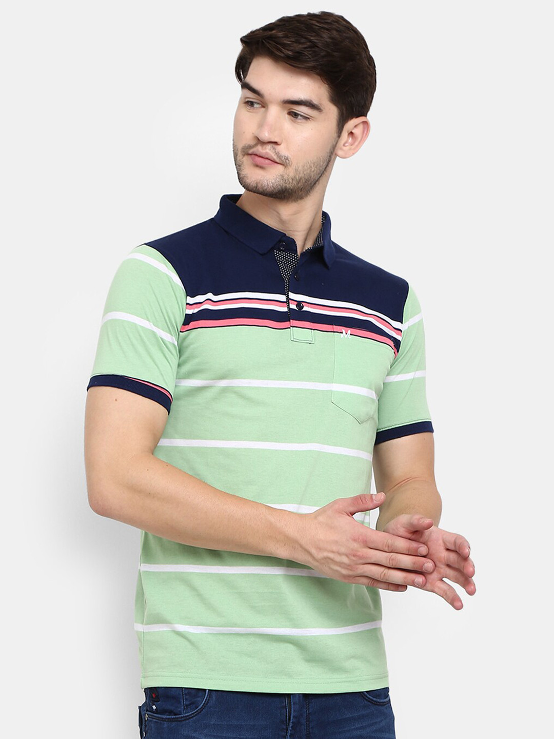 

V-Mart Men Green Striped Polo Collar T-shirt