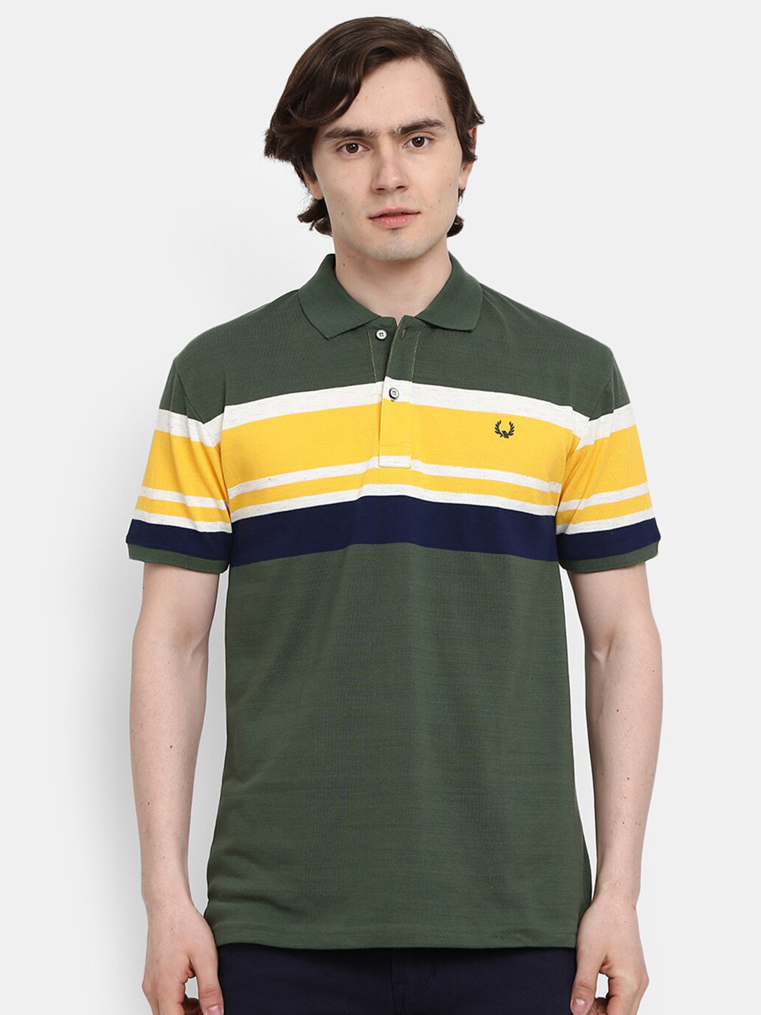 

V-Mart Men Green Striped Polo Collar Applique T-shirt