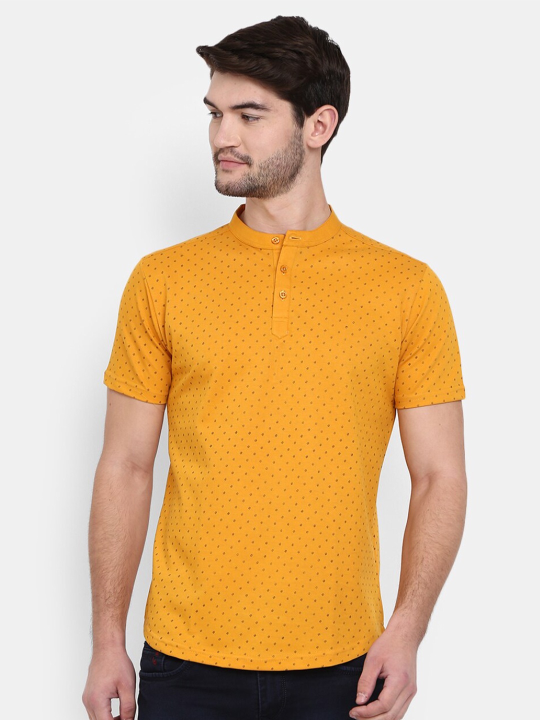 

V-Mart Men Mustard Yellow Mandarin Collar Slim Fit T-shirt