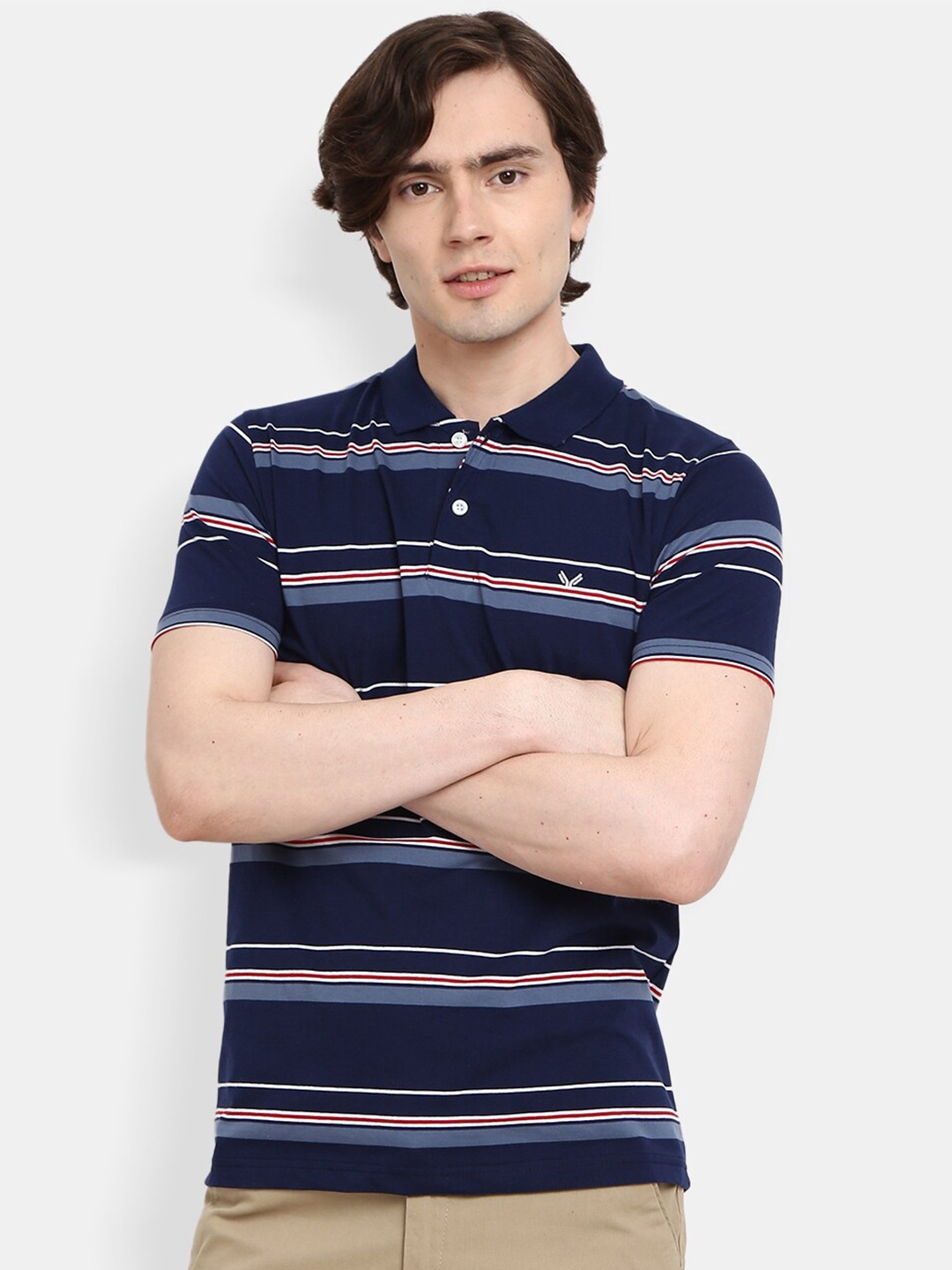 

V-Mart Men Navy Blue Striped Henley Neck Slim Fit T-shirt