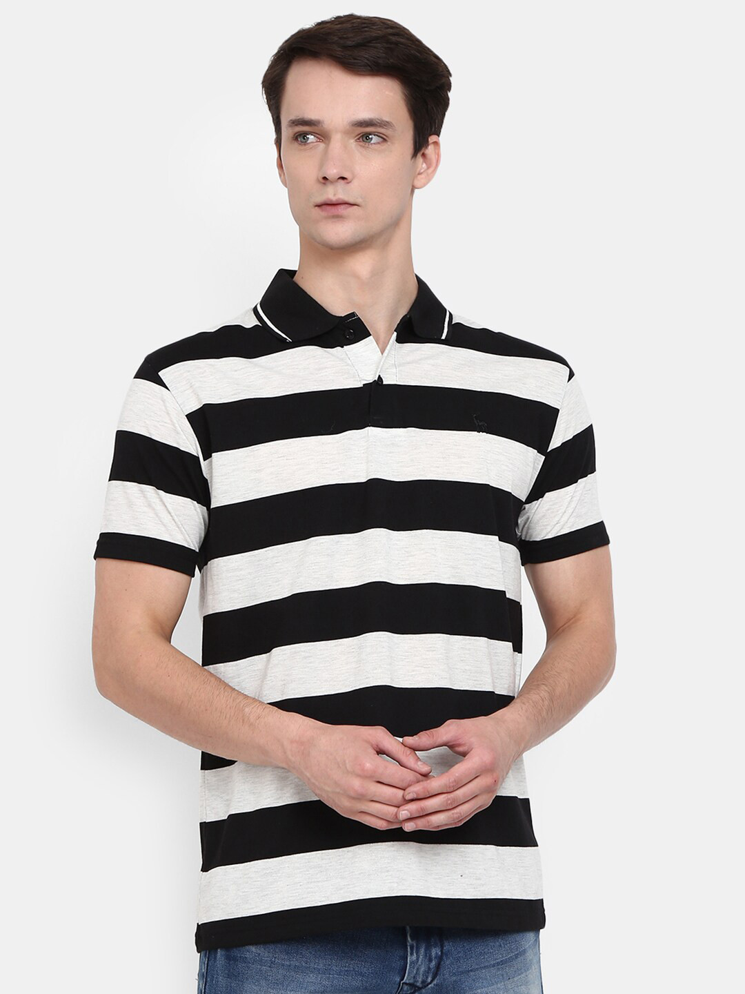 

V-Mart Men White & french middle red purple Striped Polo Collar Monochrome Applique T-shirt