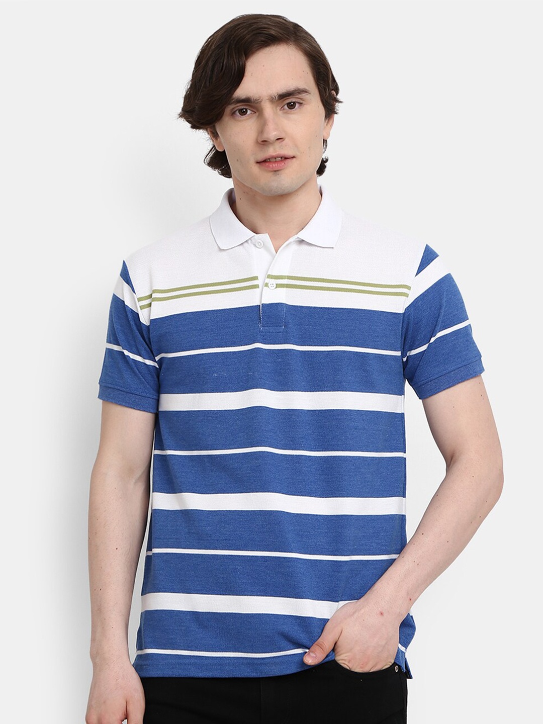 

V-Mart Men Blue Striped Polo Collar T-shirt