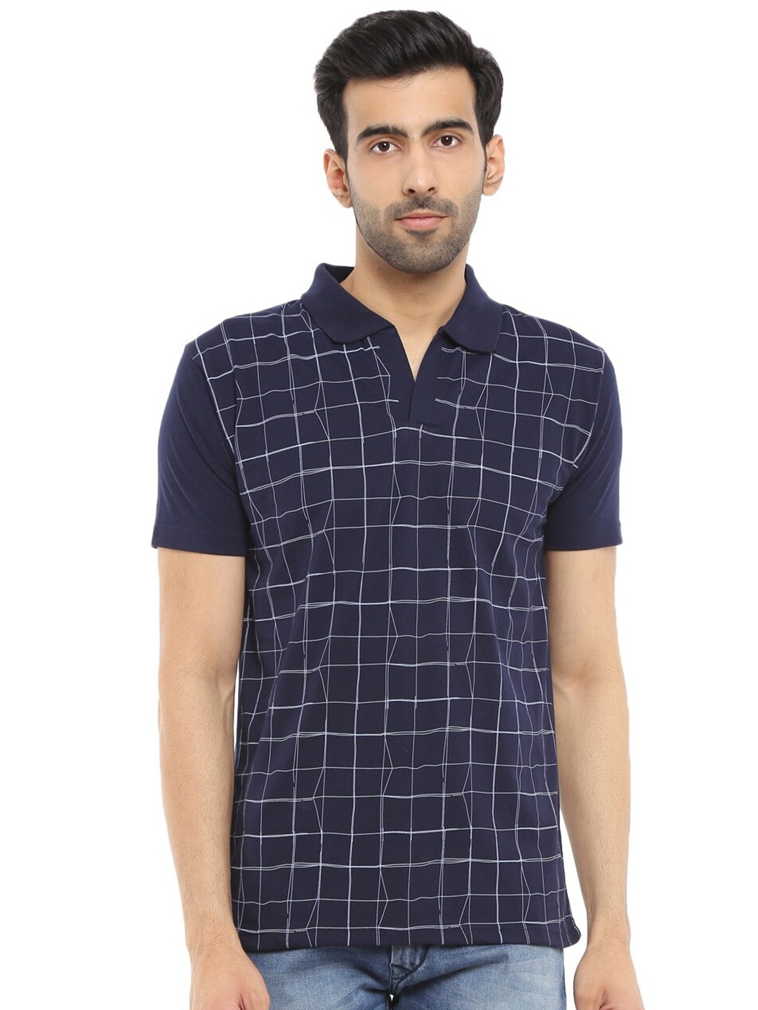 

V-Mart Men Navy Blue Checked Polo Collar T-shirt