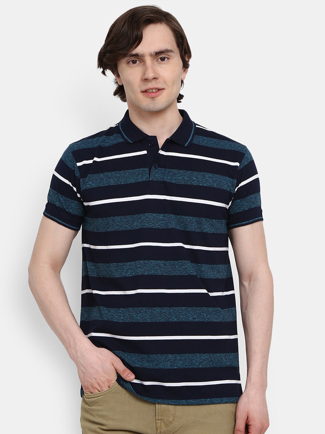 

V-Mart Men Navy Blue & french middle red purple Striped Polo Collar T-shirt