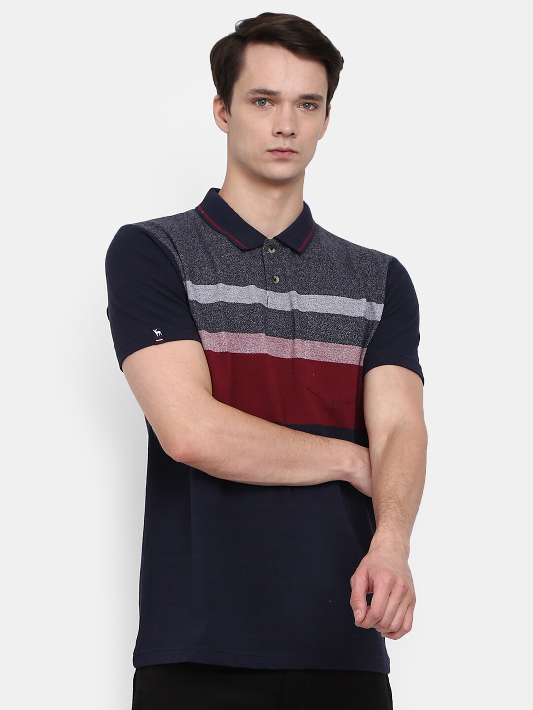 

V-Mart Men Navy Blue Striped Polo Collar T-shirt