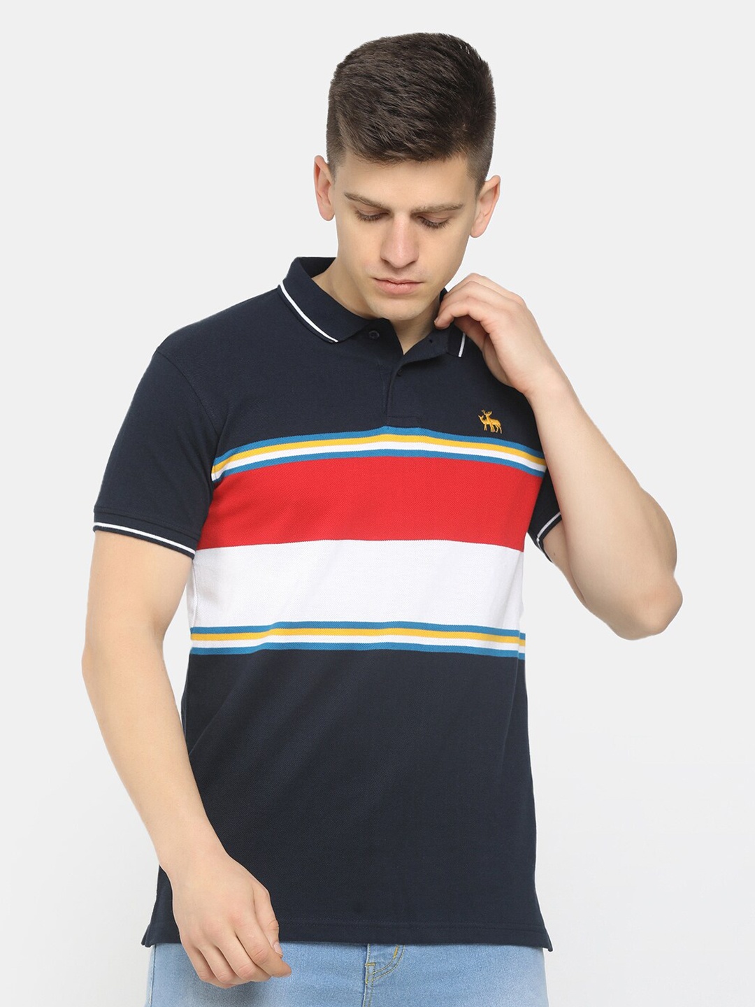 

V-Mart Men Navy Blue Striped Polo Collar Applique T-shirt