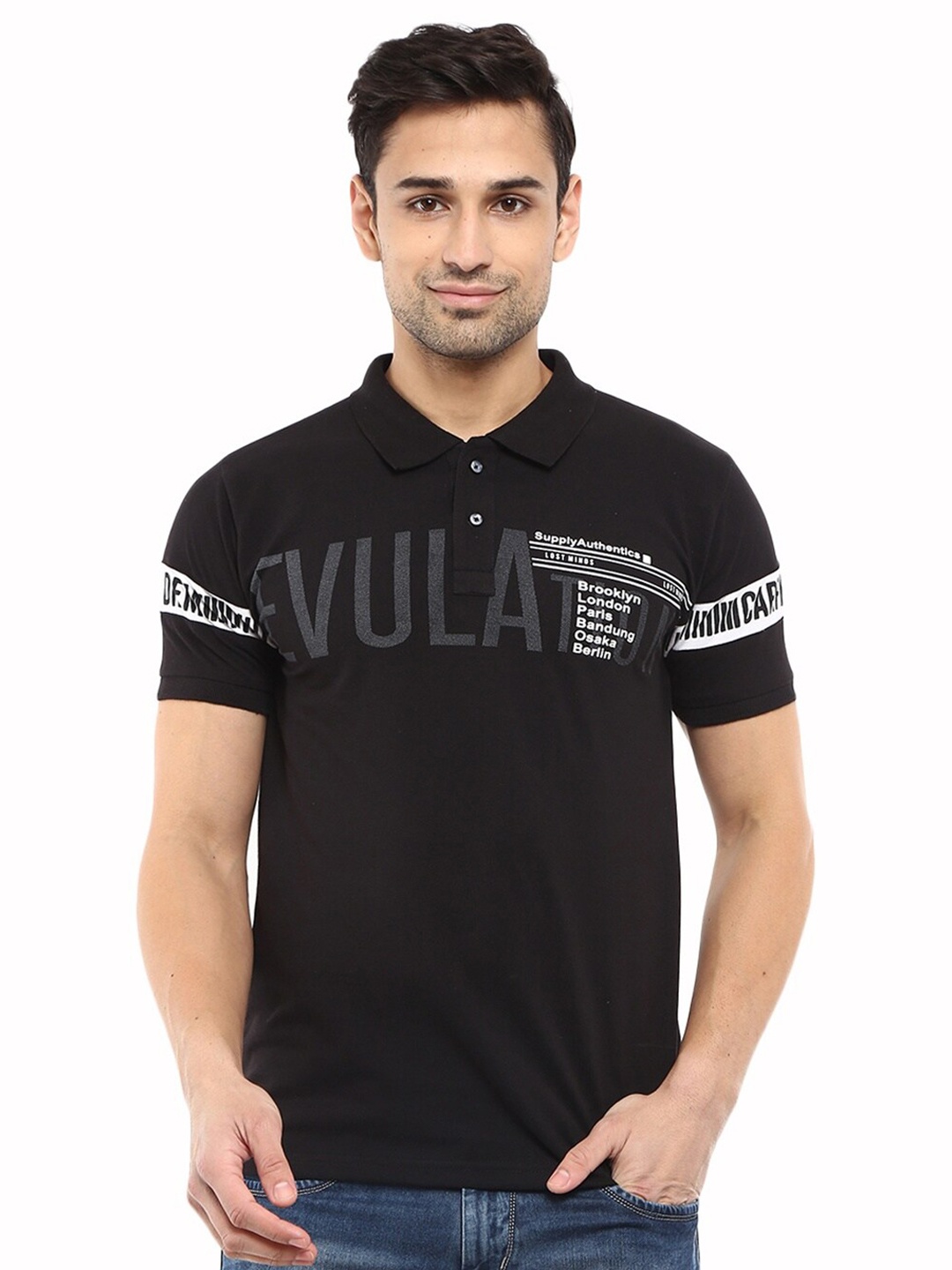 

V-Mart Men Black Typography Polo Collar Applique Slim Fit T-shirt