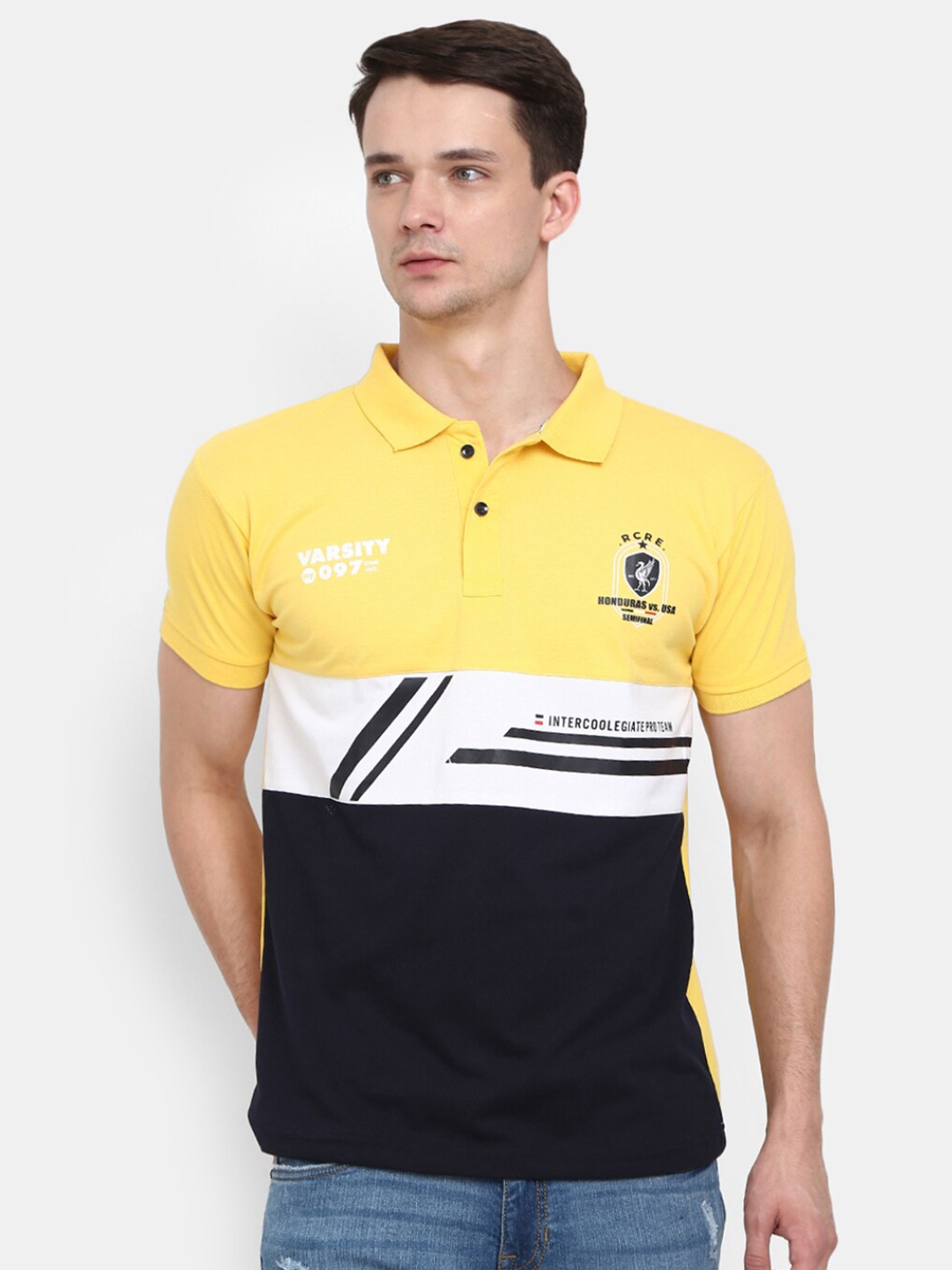 

V-Mart Men Yellow Colourblocked Polo Collar Applique T-shirt