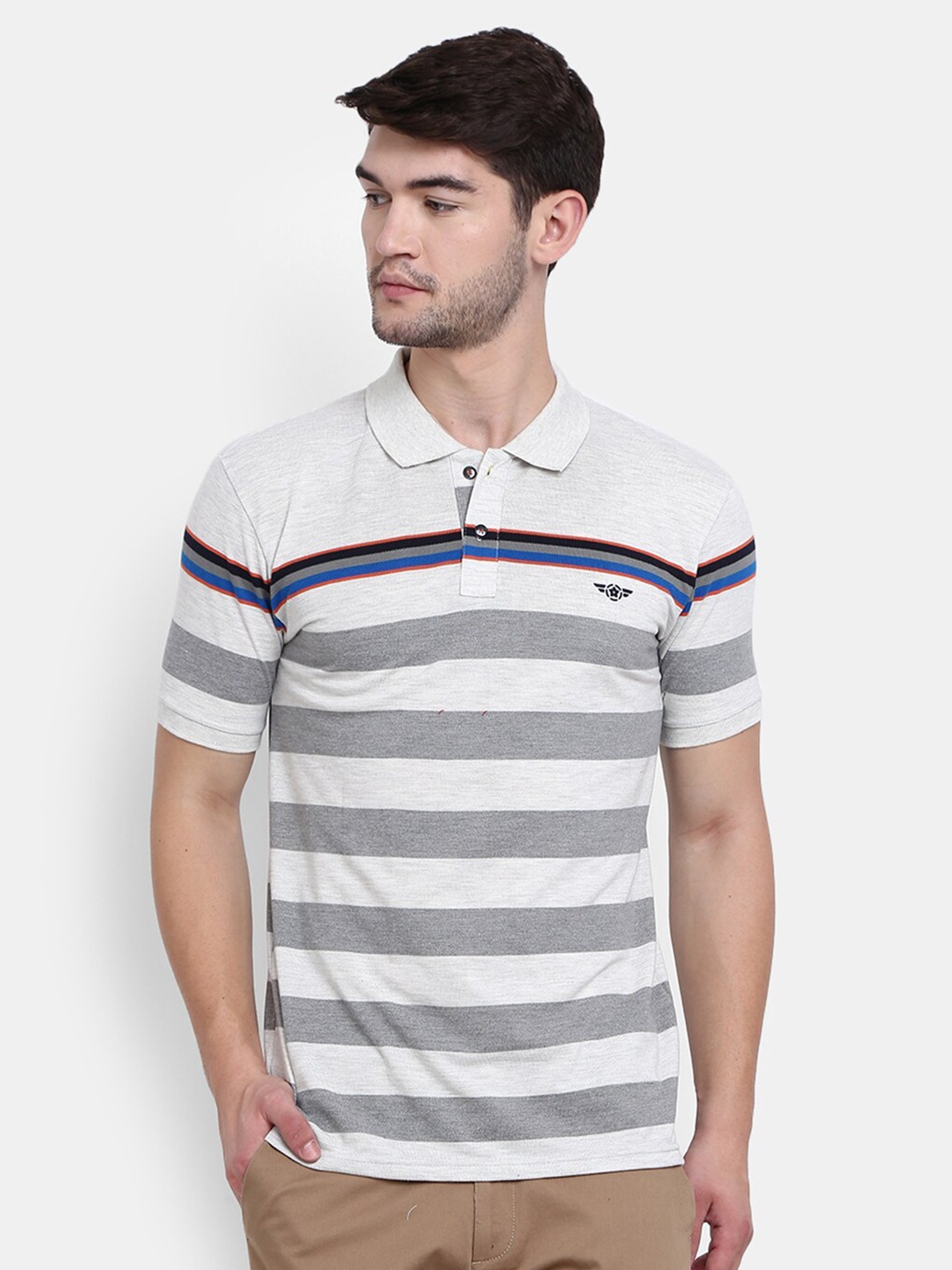 

V-Mart Men Grey Striped Polo Collar T-shirt