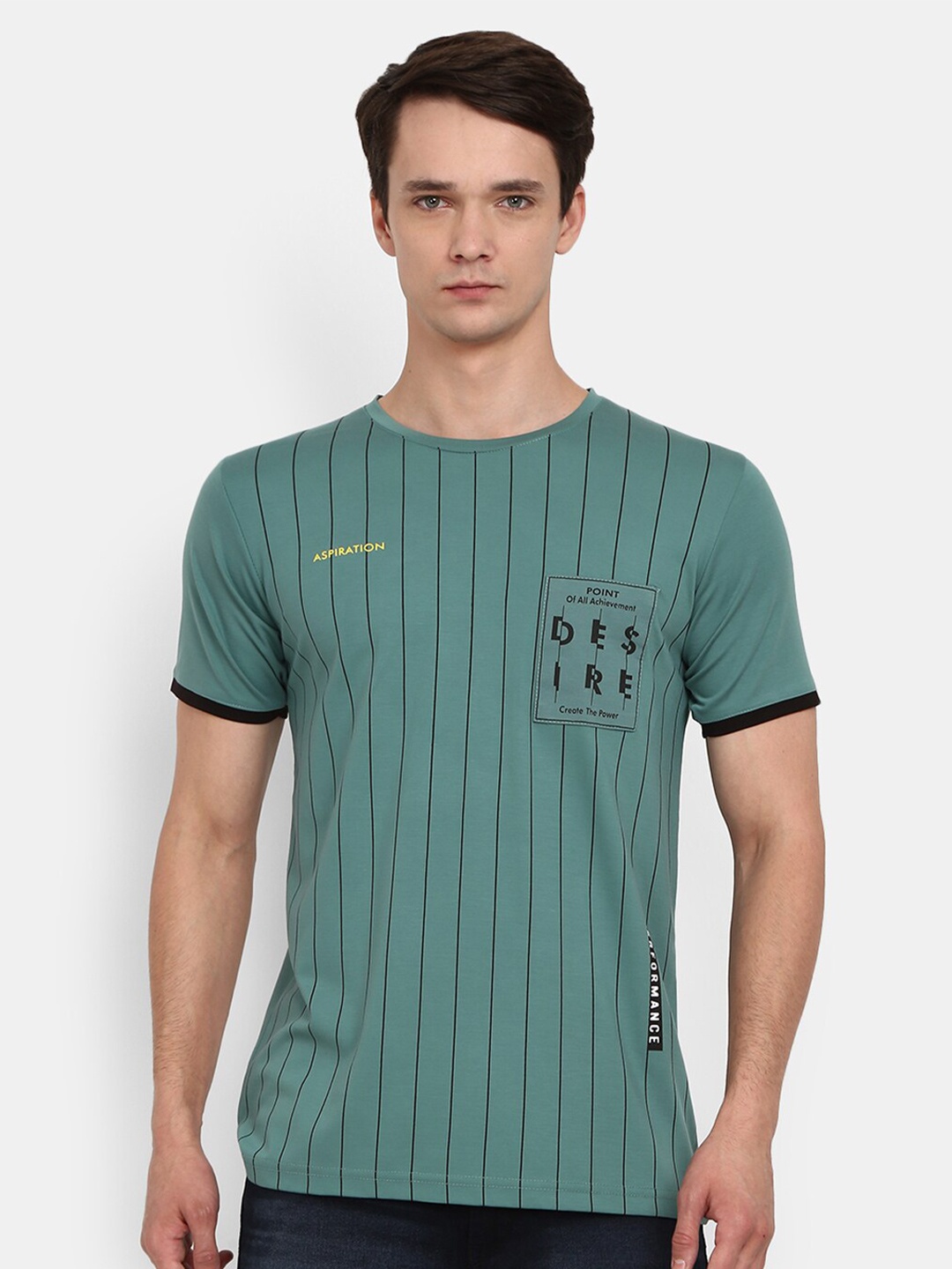 

V-Mart Men Green Striped Slim Fit T-shirt