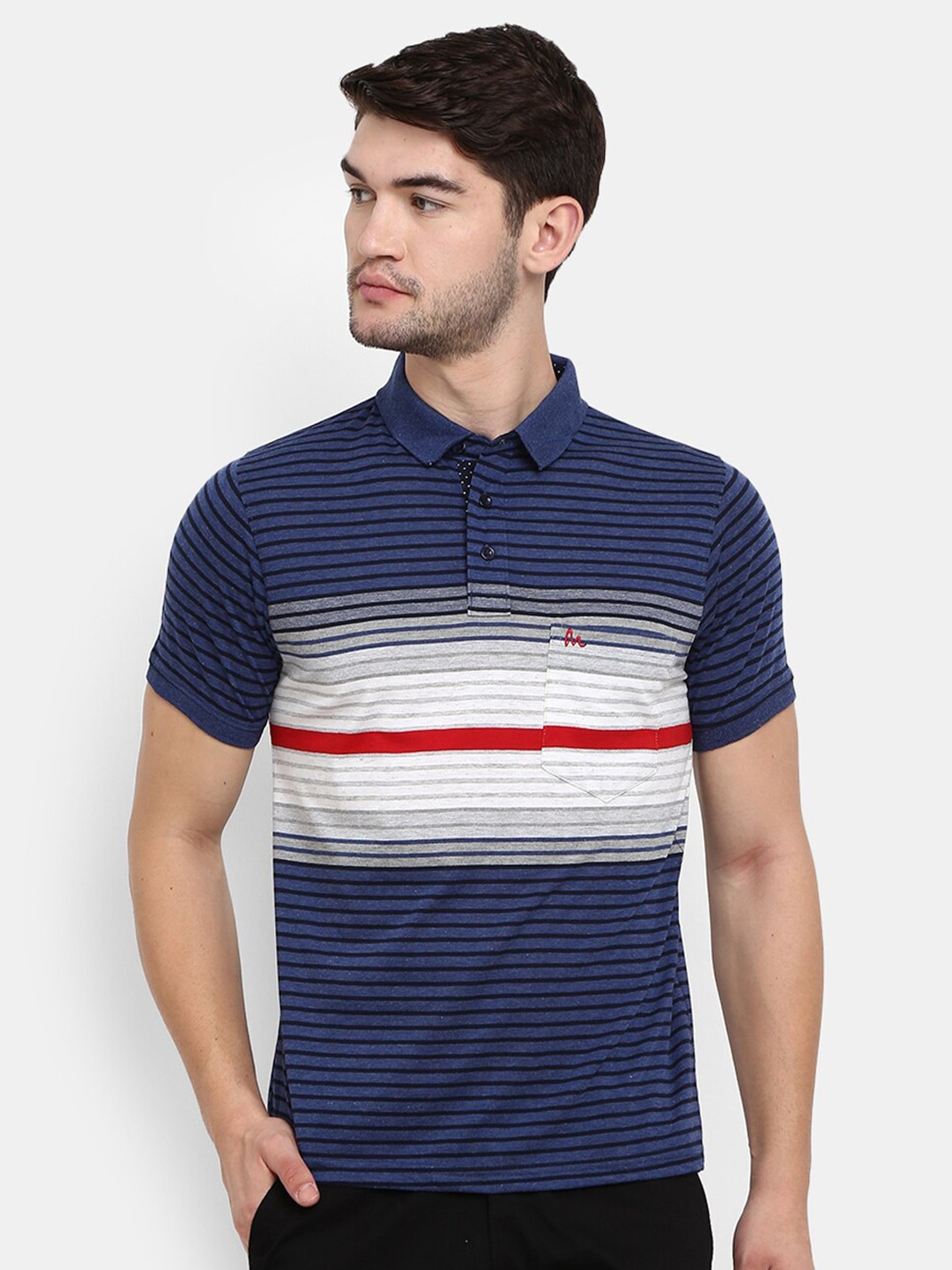 

V-Mart Men Blue Striped Polo Collar T-shirt