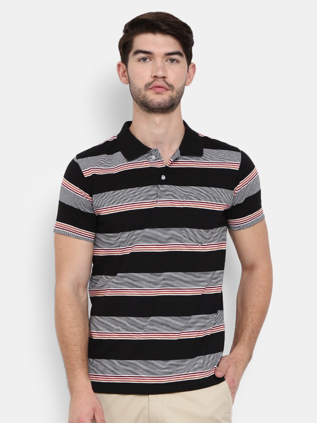 

V-Mart Men Black & french middle red purple Striped Polo Collar Slim Fit T-shirt