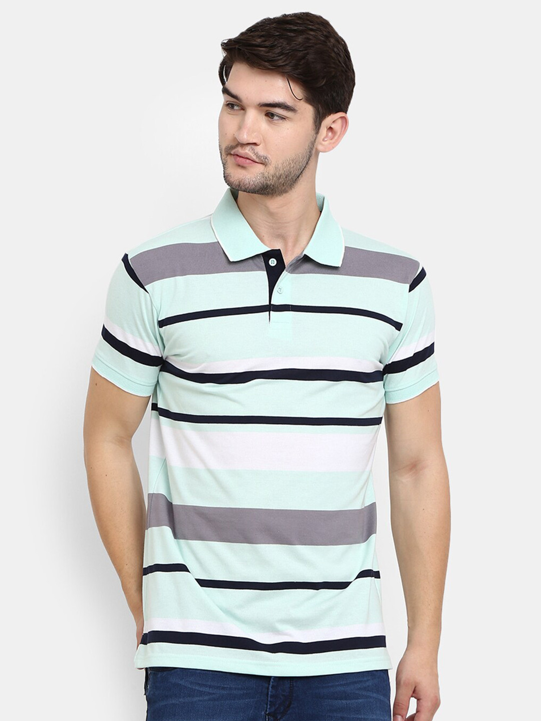 

V-Mart Men Green Striped Polo Collar T-shirt