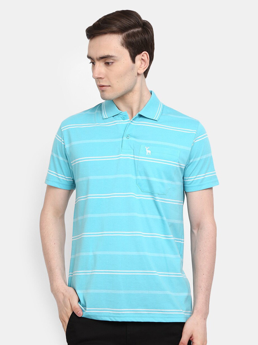 

V-Mart Men Blue Striped Polo Collar T-shirt