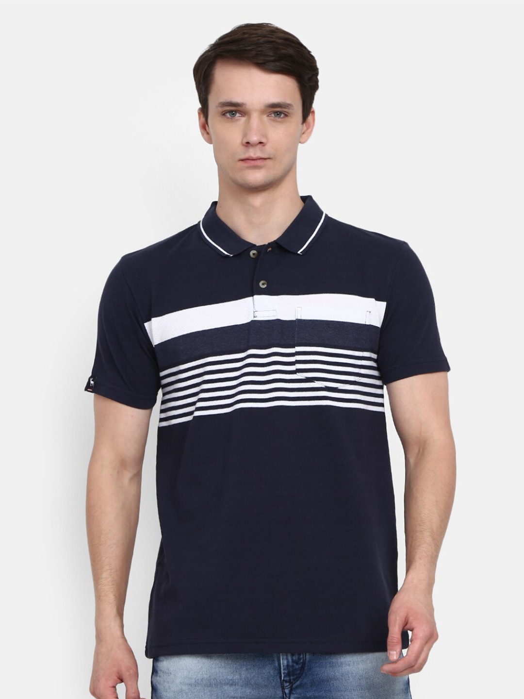 

V-Mart Men Navy Blue Striped Polo Collar T-shirt