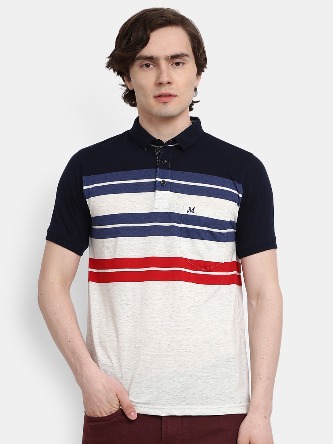 

V-Mart Men Navy Blue Striped Mandarin Collar T-shirt