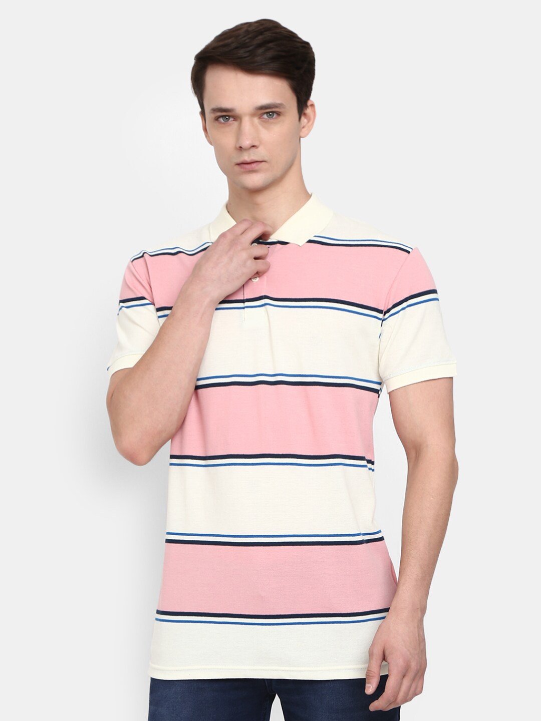 

V-Mart Men Pink Striped Polo Collar T-shirt